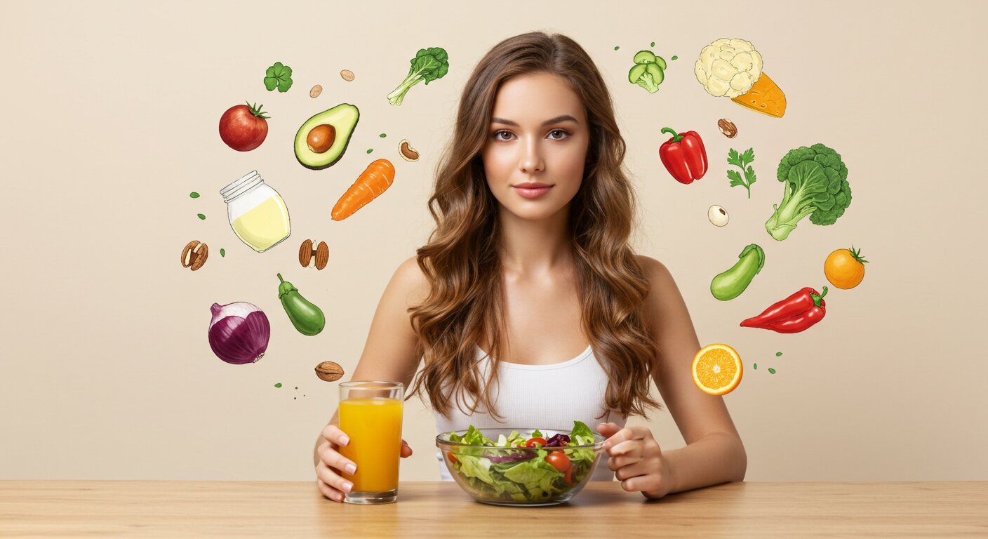Woman peacefully sitting with a salad and juice, surrounded by illustrations of healthy foods like vegetables, fruits, nuts, and grains representing mindful nutrition.