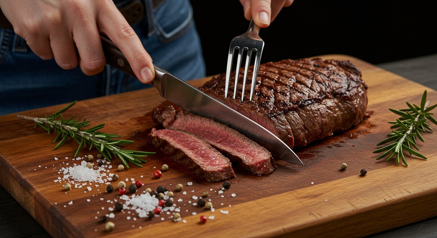Close-up of a person cutting into a grilled steak on a wooden board, with rosemary, salt, and pepper sprinkled nearby.
