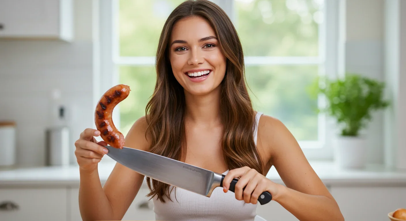 Woman in a white tank top smiling and holding a grilled sausage on a kitchen knife in a bright, modern kitchen.