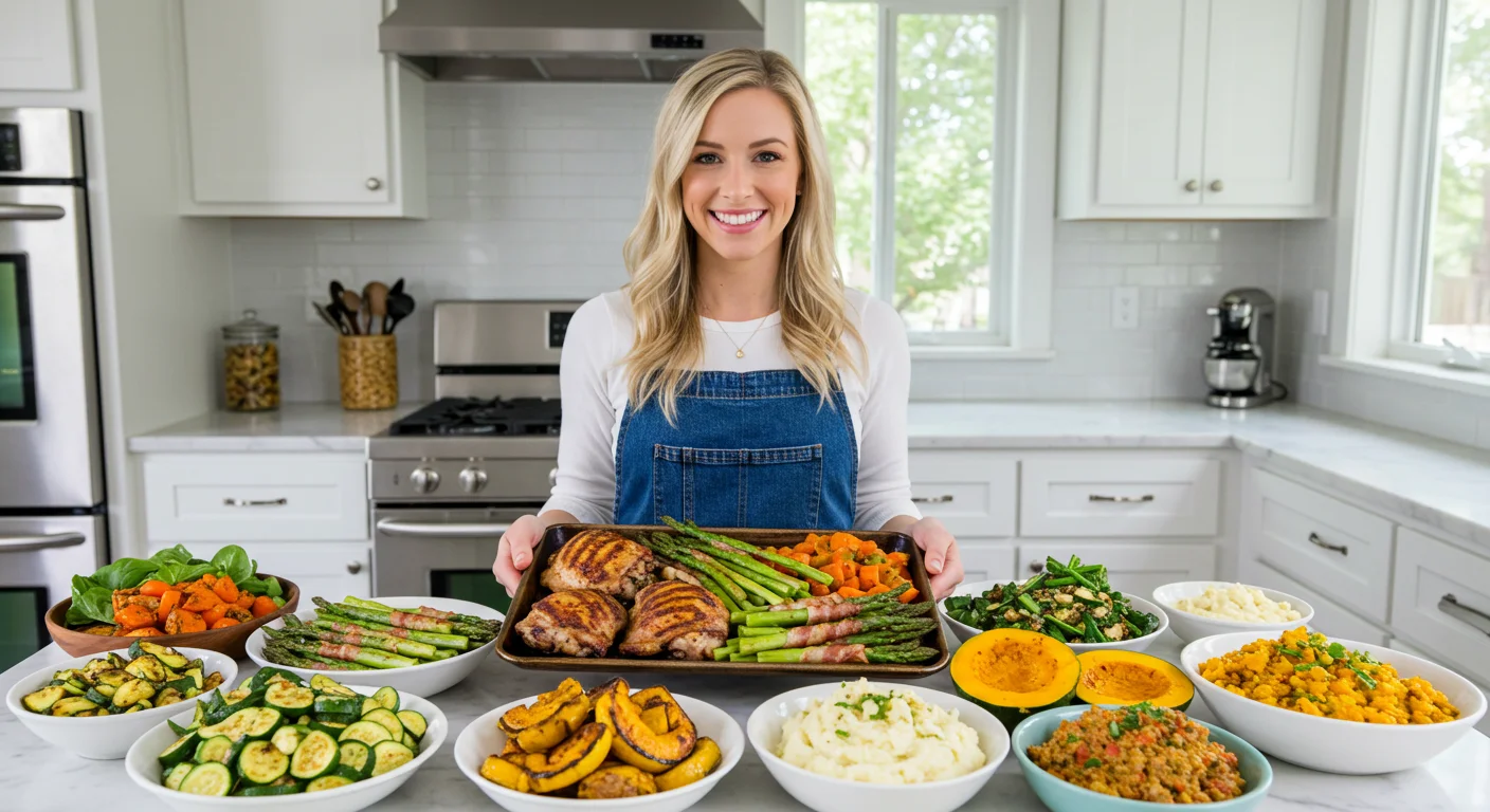 Smiling woman holding a tray of cooked keto meals including grilled chicken, asparagus, and mashed cauliflower, with side dishes of vegetables on a kitchen counter.