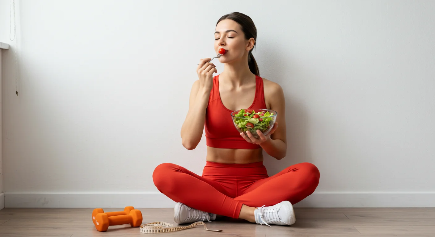 Fit woman in red activewear sitting cross-legged and eating a fresh salad, with dumbbells and a measuring tape beside her on the floor.