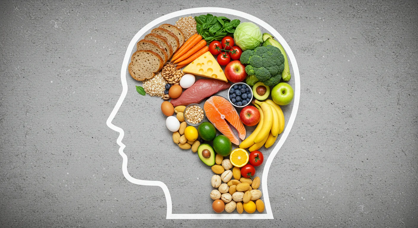 Silhouette of a human head with the brain area filled with various healthy foods including bread, pasta, fish, eggs, dairy, fruits, and vegetables, symbolizing nutrition’s role in brain health.