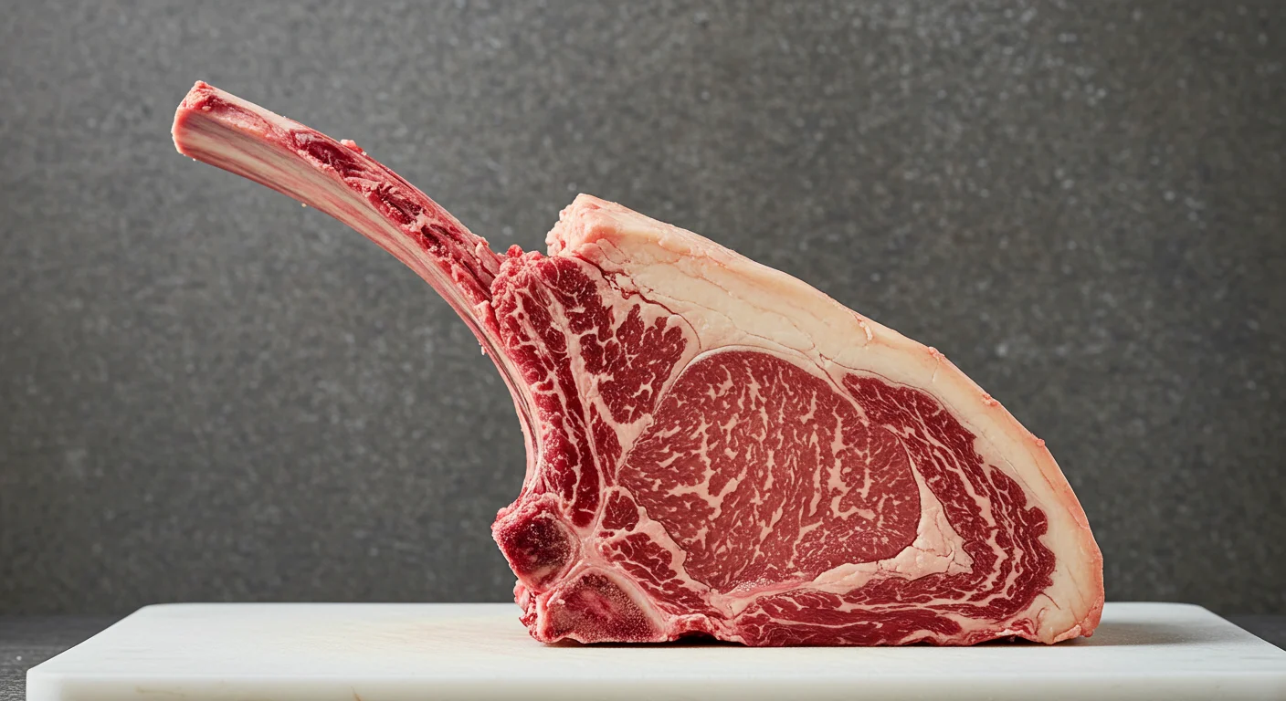 Raw tomahawk ribeye steak with a long bone displayed upright on a white cutting board against a gray stone background.